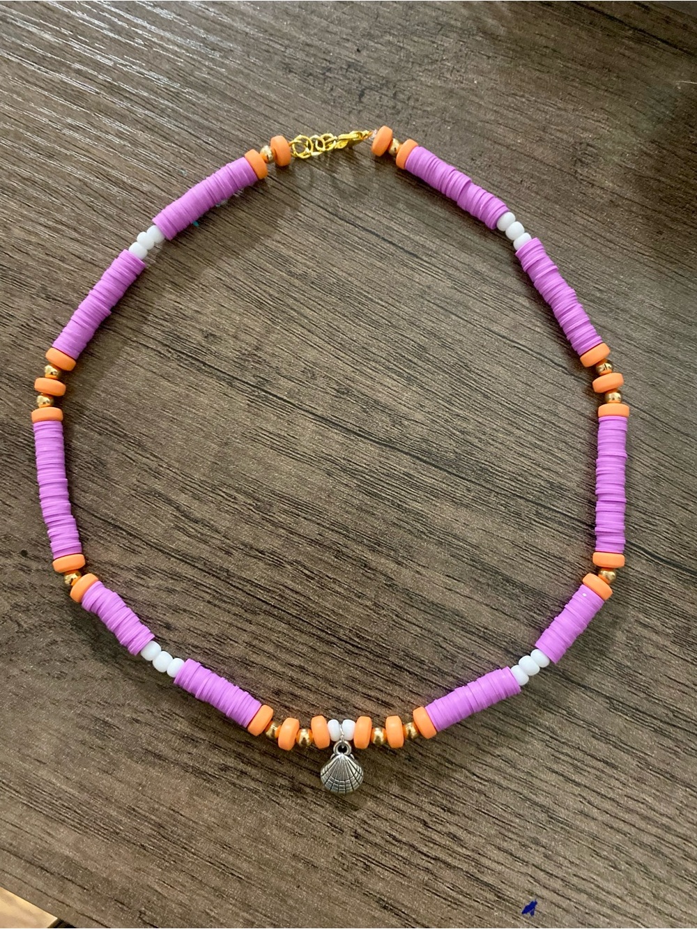 Purple & Orange Beaded Necklace with Shell Charm